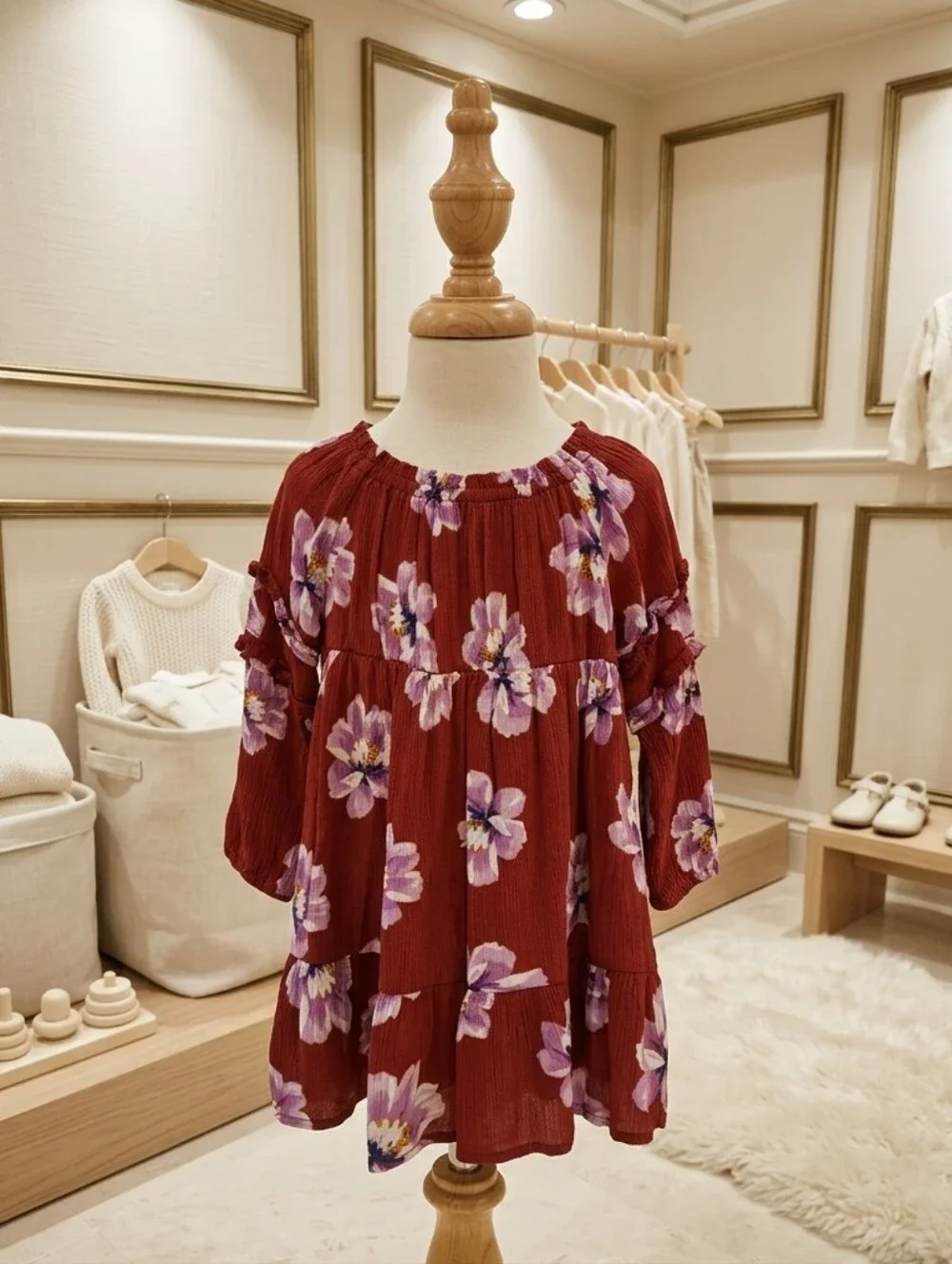 Old Navy Burgundy Floral Crinkle Empire Waist Dress 18-24M